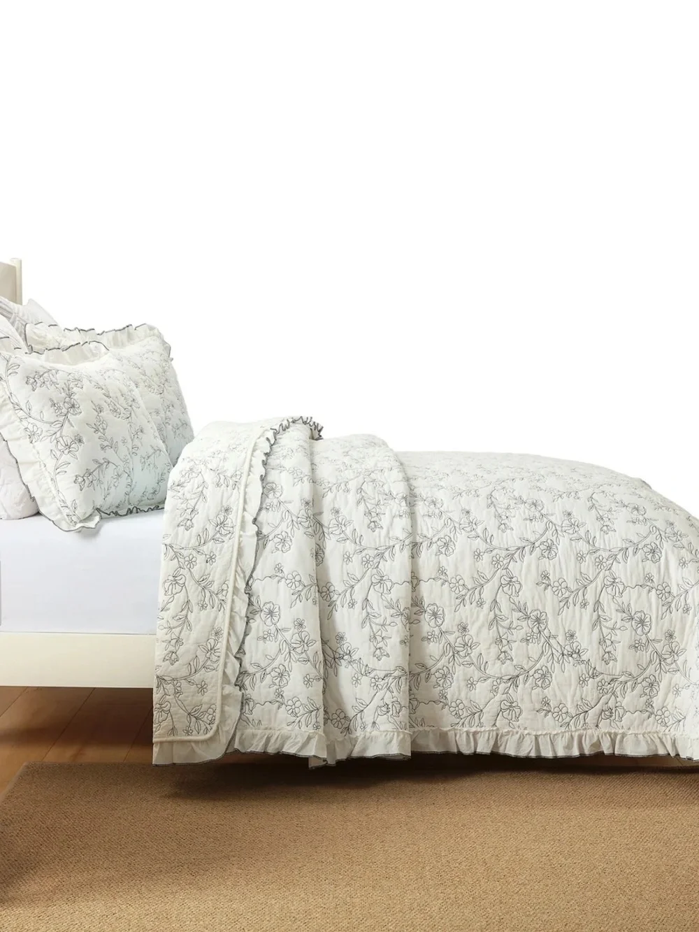 3 PIECE 100% COTTON EMBROIDERED FLORAL RUFFLE LIGHTWEIGHT QUILT BEDSPREAD SET